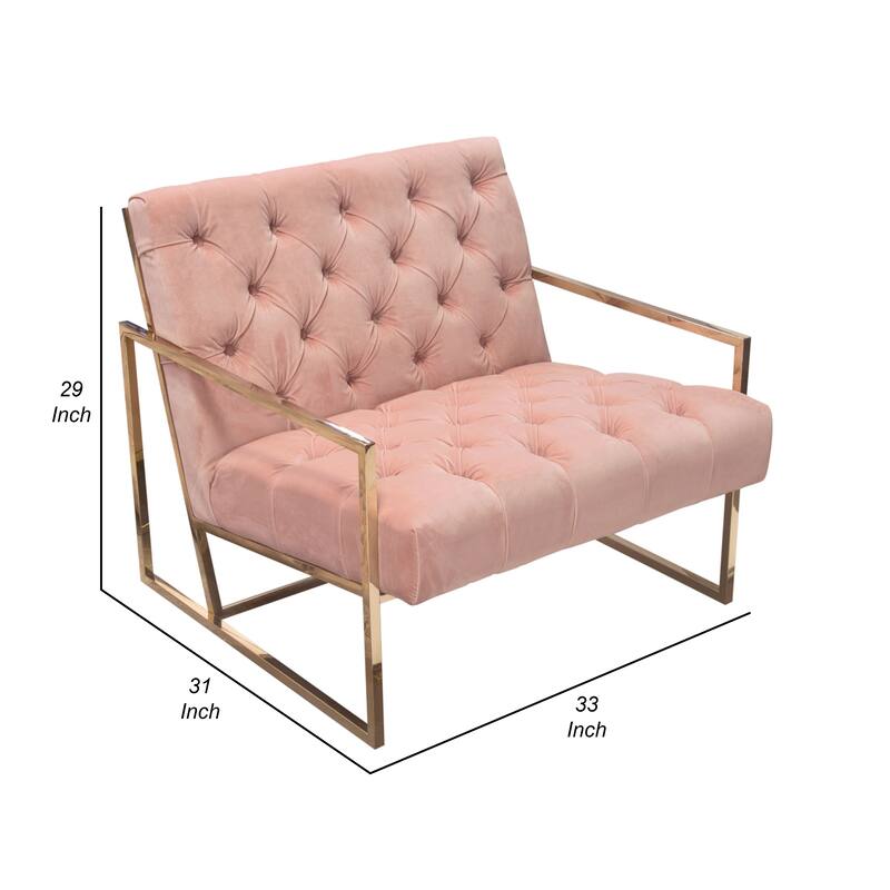 Masy Accent Armchair, Diamond Tufted Blush Pink Velvet, Gold Steel