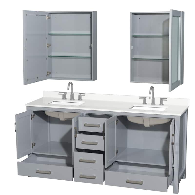 Sheffield 72-inch Double Vanity, 3 Hole Quartz Top, Med Cabinets