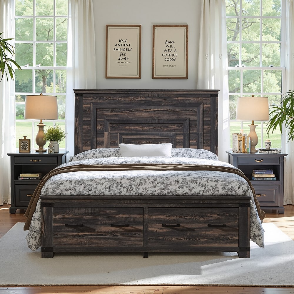 Farmhouse Queen Size Bed Frame w/ 54" Tall Headboard & 2 Large Drawers