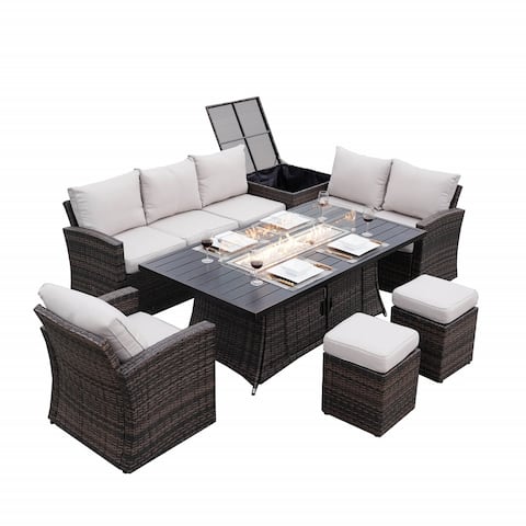 7-Piece Outdoor Sofa Set Wicker Fire Pit Table Patio Sectional Furniture by Moda Furnishings,Brown include the glass enclosure