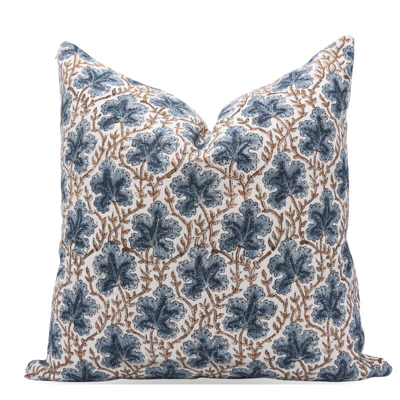 Fabdivine Floral Pillow Cover Heavy Linen Block Print for Living Room Chair Patio Office or Bedroom Decor, Manikarnika - Pushap Samita- Blue, Brown - 22" x 22"