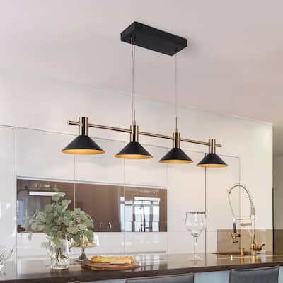 Modern Linear 4-Light 38.5" L Black Gold Bowl-shaped LED Chandelier Industrial Metal Kitchen Island Lights for Dining Room