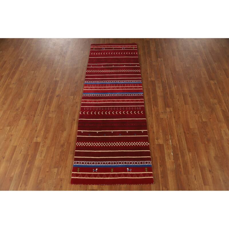 Striped Red Gabbeh Indian Runner Rug Hand-Knotted Wool Carpet - 2'7" x 7'8"