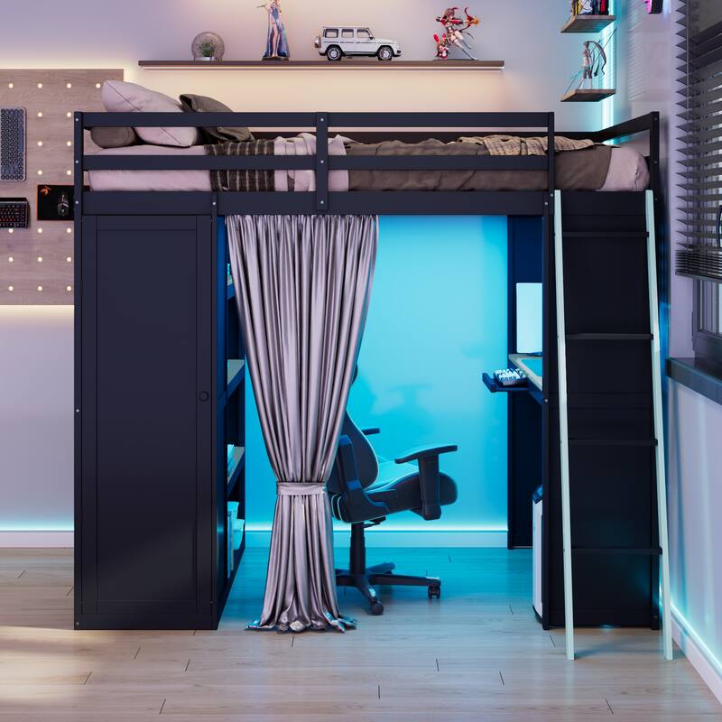 All-in-One Loft Bed Full Size Bedframe with Wardrobe, Shelves, Blackout Curtains, Pegboard, Charging Station and RGB Light Strip