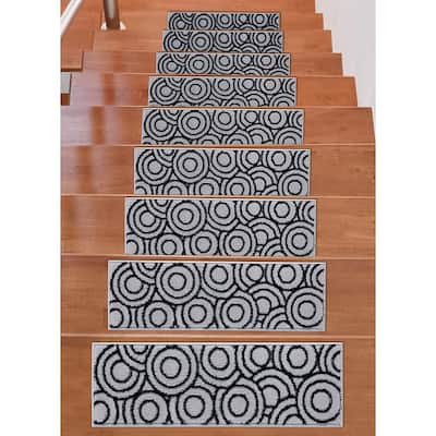 Beverly Rug Indoor Non Slip Carpet Stair Treads w/ Installed Tape 9"x 28" Circles Grey / Navy