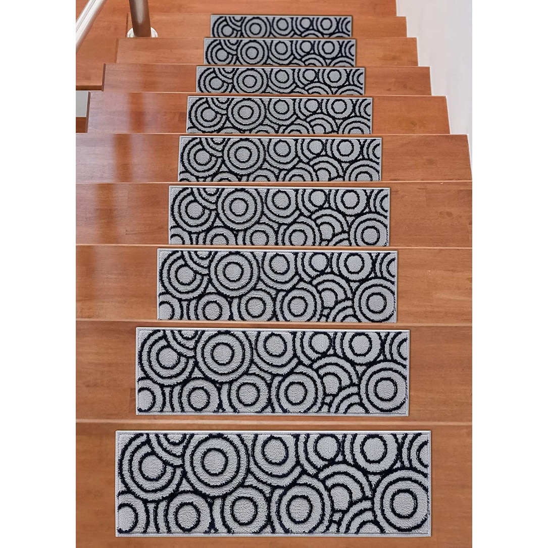 Beverly Rug Indoor Non Slip Carpet Stair Treads w/ Installed Tape 9"x 28" Circles Grey / Navy