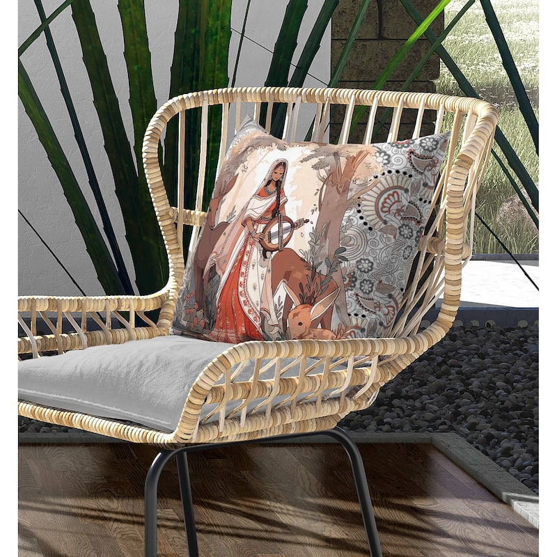 Forest Melodies Indoor/Outdoor Reversible Throw Pillow White and Orange