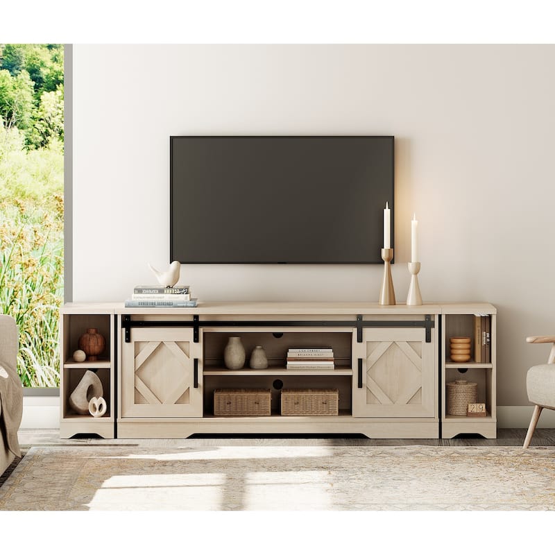 Modern Farmhouse TV Stand for up to 85" TVs Entertainment Center with Open Storage for Living Room - Pale Oak