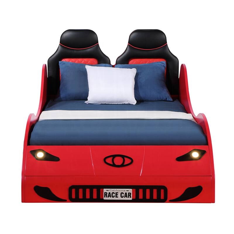 Upholstered Twin-Size Car Bed with LED - Red