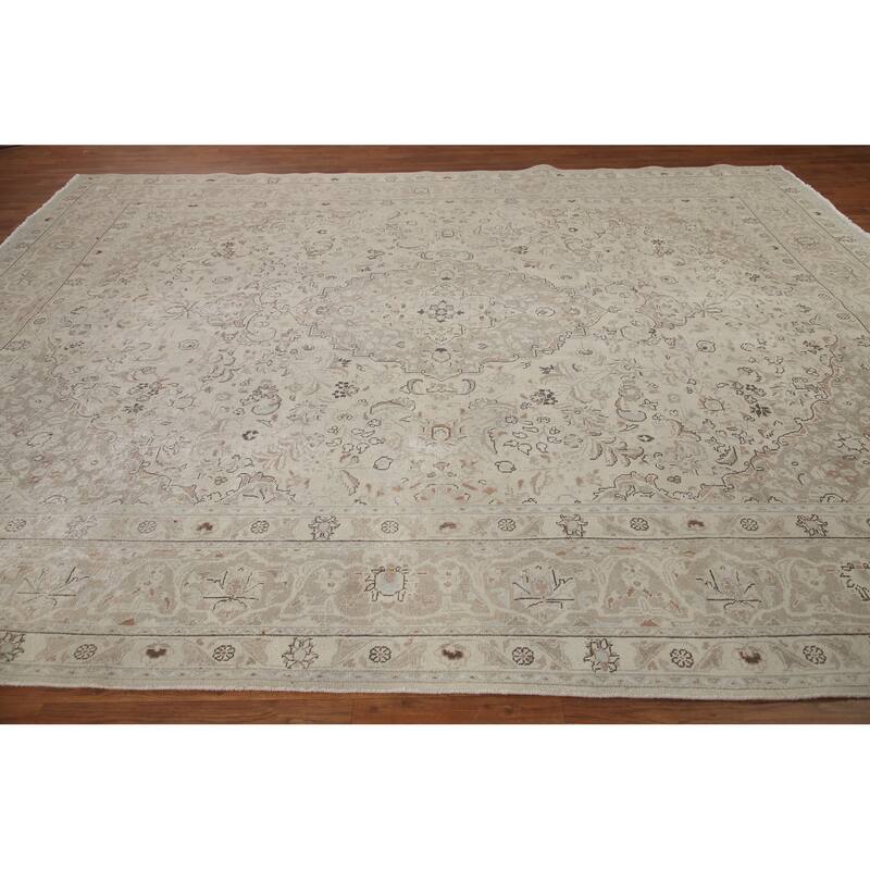 Hand Knotted Oriental 100% Wool Carpet Traditional Floral Beige & Ivories Kashan Area Rug - 12' 3'' X 9' 6''