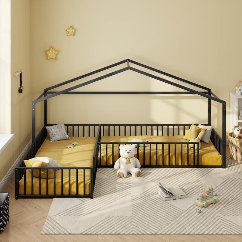 Twin Size L-shaped Corner Montessori Bed with Fence, Metal House-shaped Bed Frame, Without Slats, Floor House Bed for 2 Kids