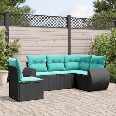 vidaXL 5 Piece Patio Sofa Set with Cushions Black Poly Rattan