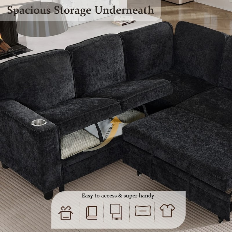 Modern L-shape Sectional Sofa Couch with Pull Out Sofa Bed Storage Seat and USB