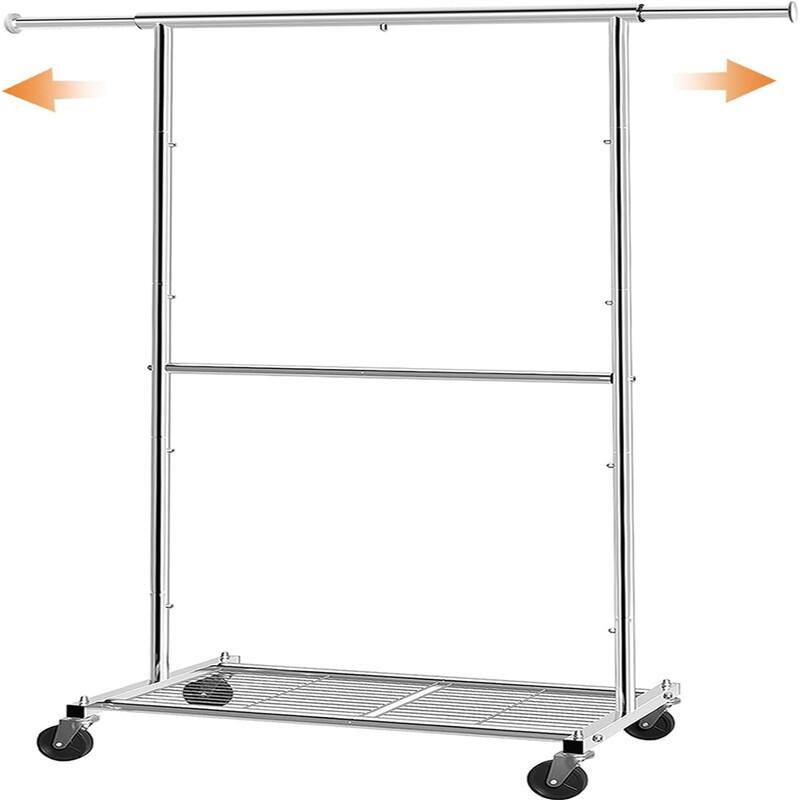 Rolling Clothes Organizer with Wheels and Bottom Shelves - 15"D x 47.5"W x 65"H - Chrome