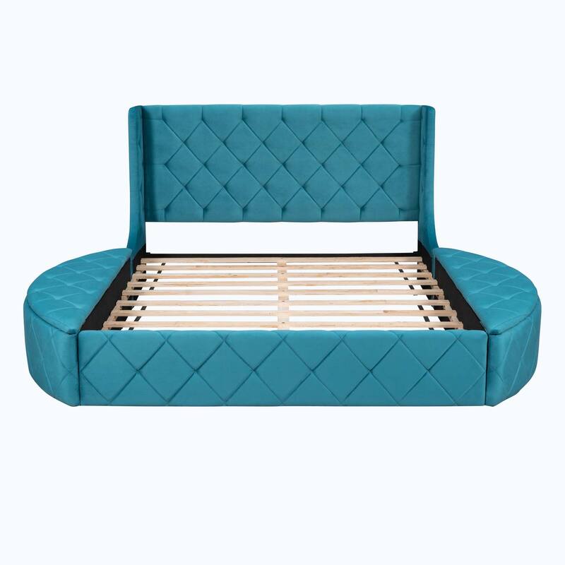 Queen Size Upholstered Platform Bed with Wingback Headboard and 1 Big Drawer,2 Side Storage Stool