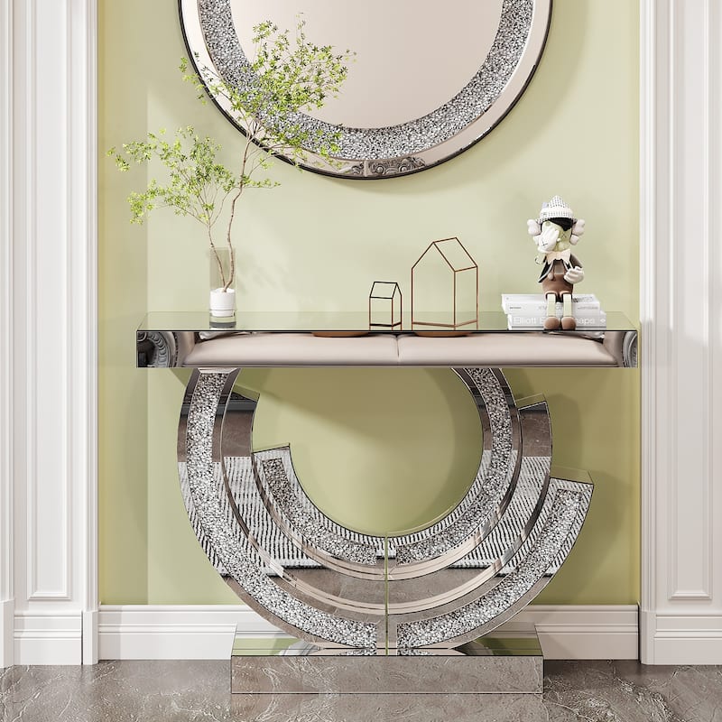 3C Shaped Crushed Diamond Hallway Table, Mirrored Centre Table Console Table Accent Table for Living Room - Silver