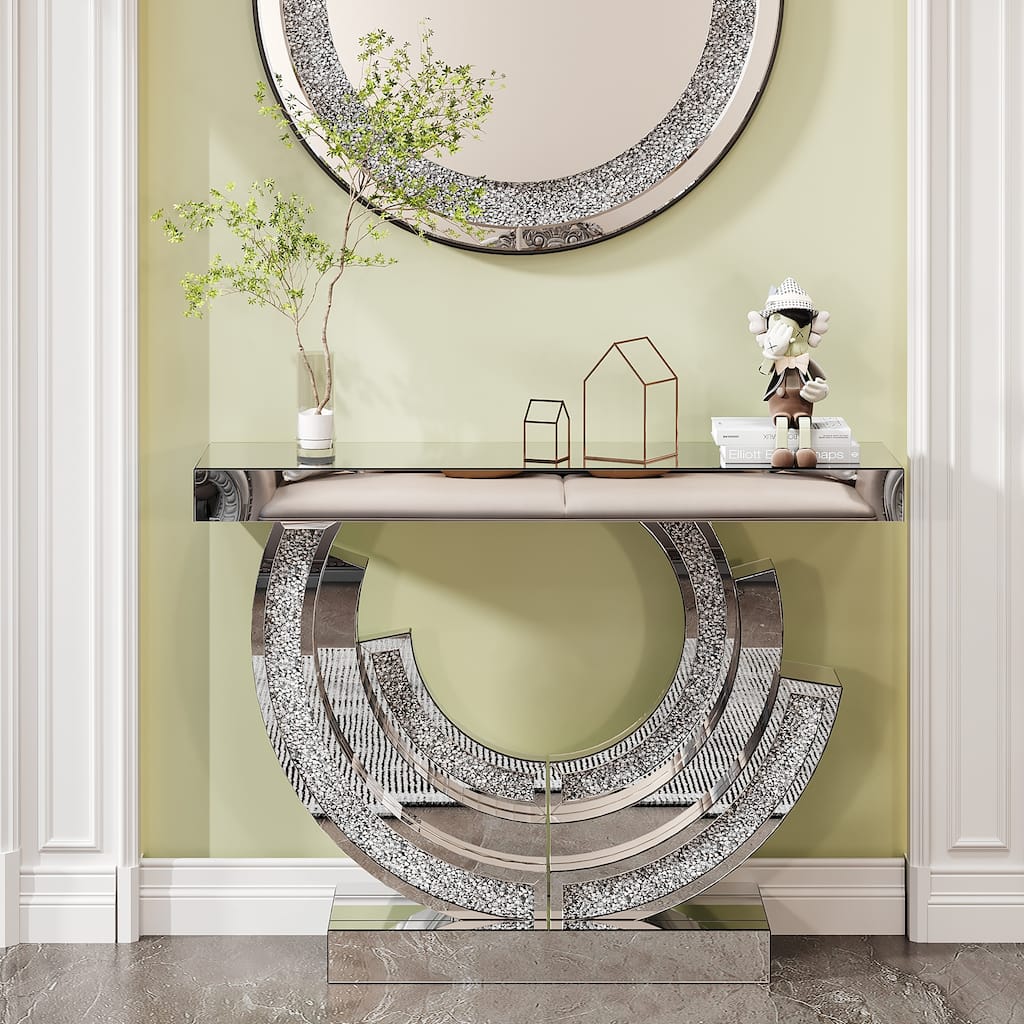 3C Shaped Crushed Diamond Hallway Table, Mirrored Centre Table Console Table Accent Table for Living Room