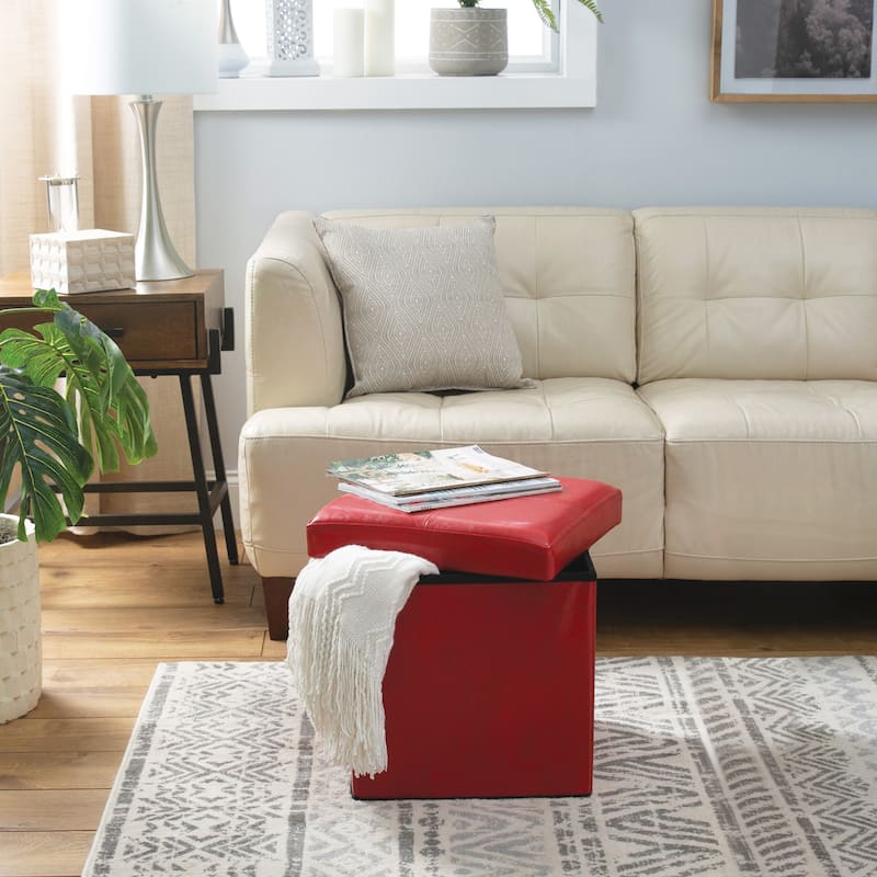 Simplify Red Faux Leather Folding Storage Ottoman Cube - 15" x 15" x 15"