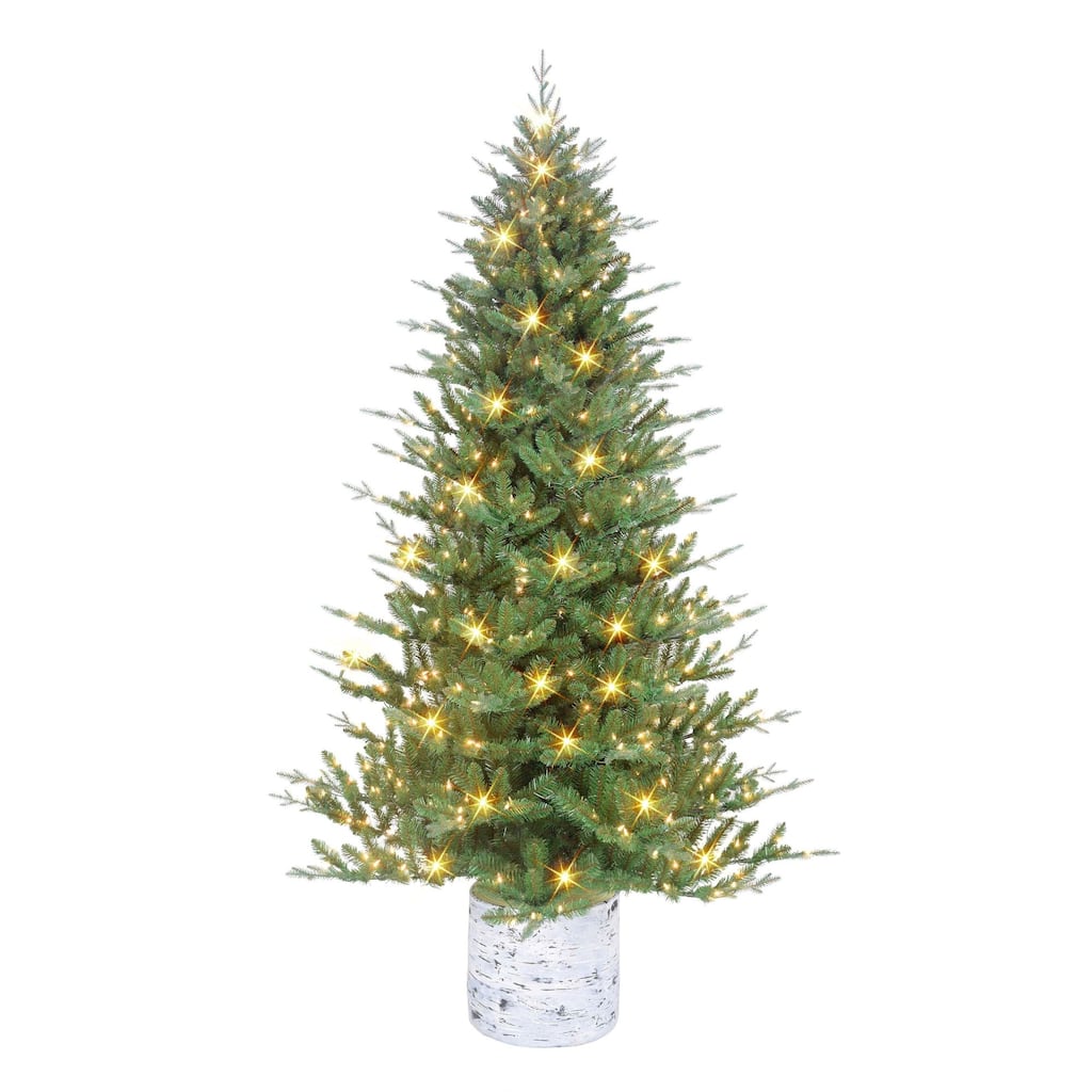 7.5' Potted Green Pine Medium Artificial Christmas Tree, Clear Lights - 7.5 Foot