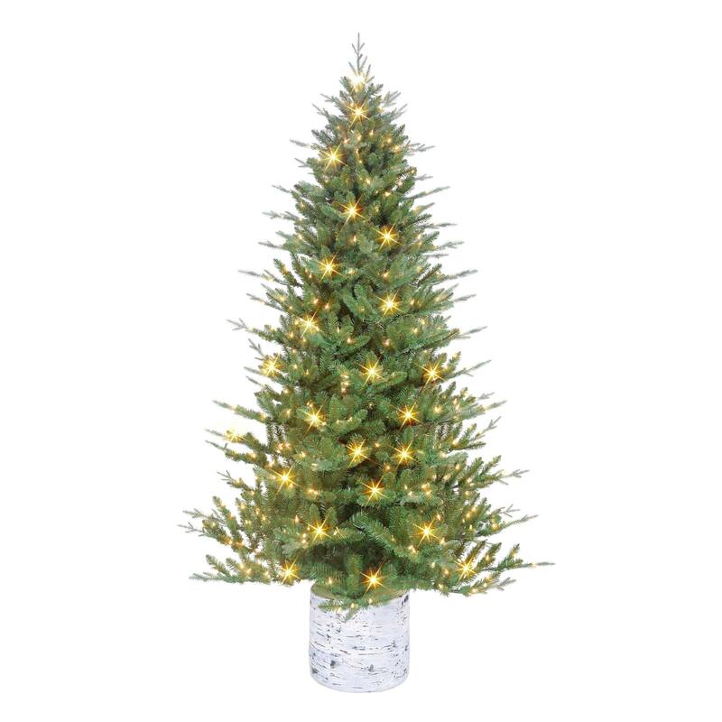 7.5' Potted Green Pine Medium Artificial Christmas Tree, Clear Lights - 7.5 Foot