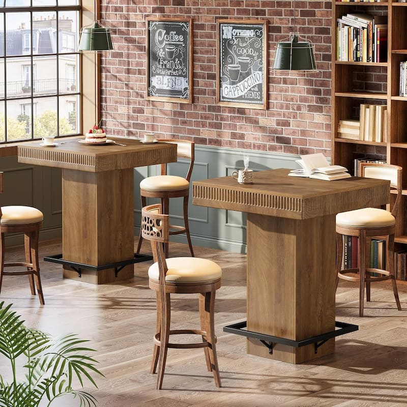 37.4" H Square Bar Table, Industrial Wooden Bistro Pub Table with Metal Footrest - 31.5"L x 31.5"W x 37.4"H