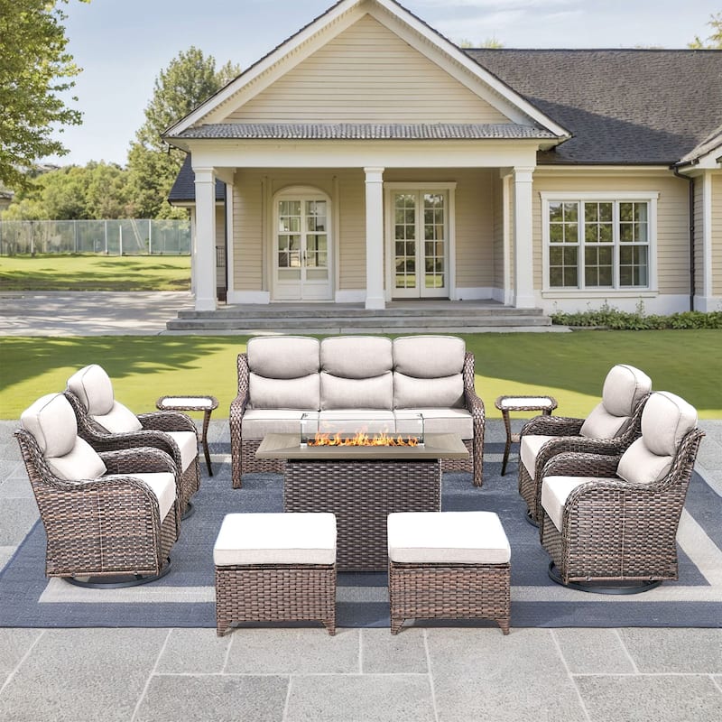 Pocassy 10 Pieces Outdoor 6 Inch Sofa Swivel Chair Ottoman with Fire Table - Beige cushion - Brown Wicker