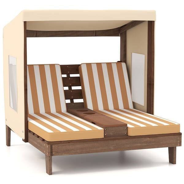slide 2 of 8, Kids Lounge Chair with Canopy, Cup Holders, and Cushioned Seat, Outdoor Furniture for 3-8 Year Olds Brown