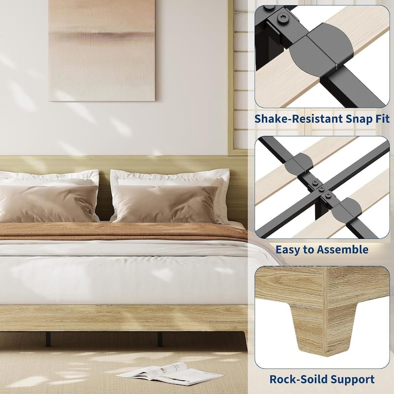 Wood Platform Bed Frame, with Strong Wooden Slats