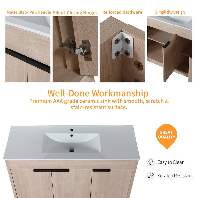 BNK 24/30/36 inch Freestanding Single Sink Bathroom Vanity with Soft Close Door and 1 adjustable shelf