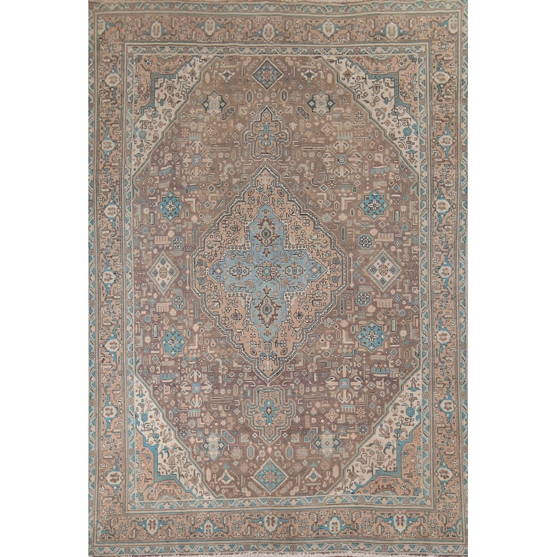 Brown Distressed Tabriz Vintage Persian Area Rug Handmade Wool Carpet - 8'3" x 11'4"