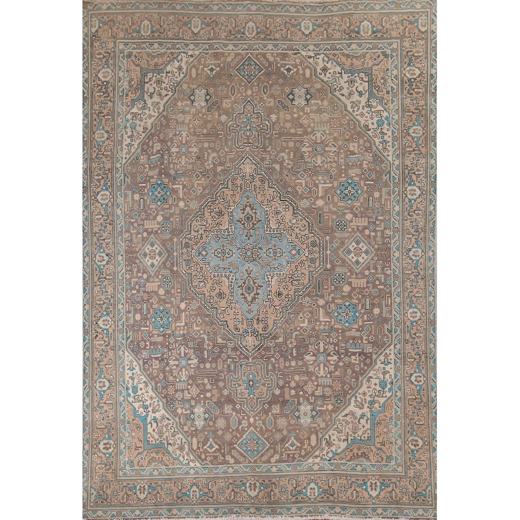 Brown Distressed Tabriz Vintage Persian Area Rug Handmade Wool Carpet - 8'3" x 11'4"