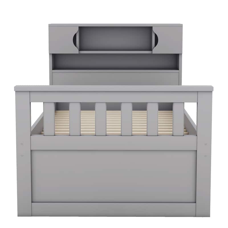 Gray Twin Size Captain Platform Bed with Four Drawers, Storage Bookcases and Shelves