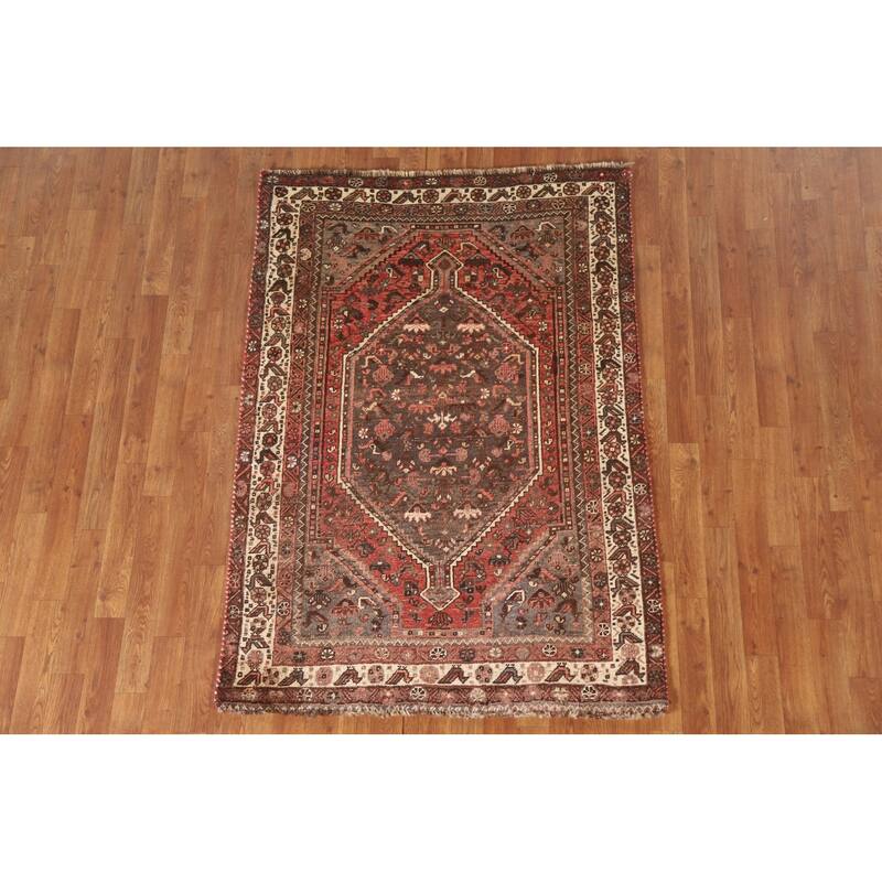 Hand-knotted Qashqai Persian Vintage Area Rug Grey Wool Carpet - 3'9"x 5'6"