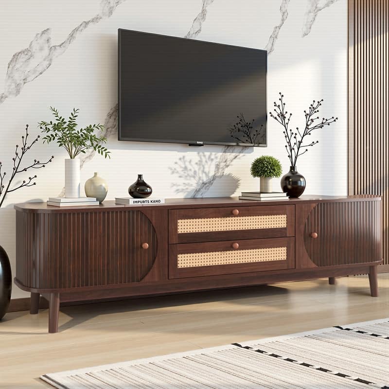 Rattan TV Stand for TVs Up to 75", Media Console Entertainment Center with Solid Wood Legs