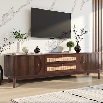 Rattan TV Stand for TVs Up to 75", Media Console Entertainment Center with Solid Wood Legs