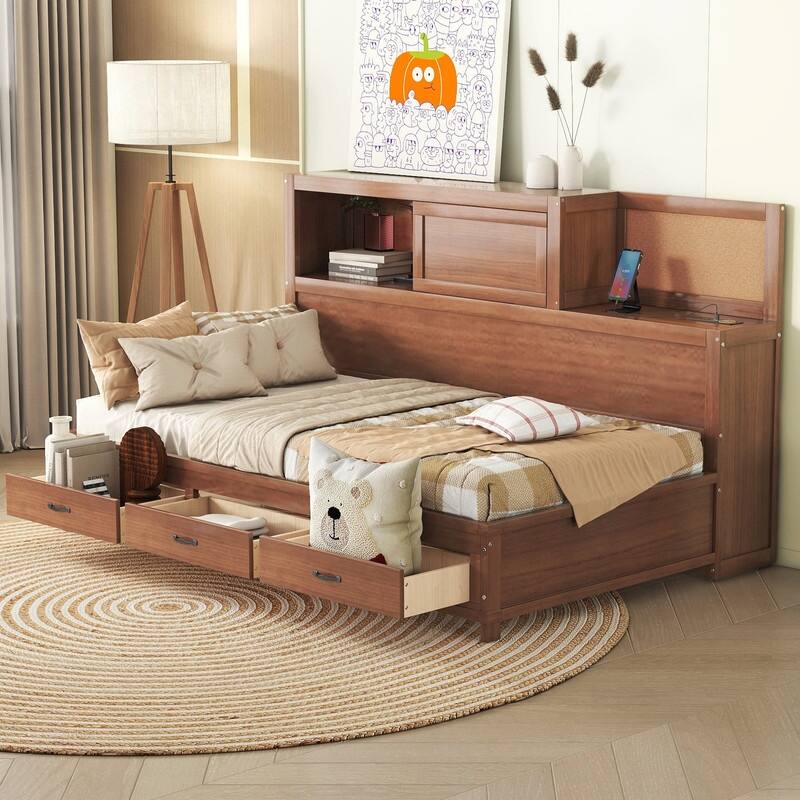 Twin/Full Size Wood Daybed Frame with Storage Drawers, Shelves and Charging Station
