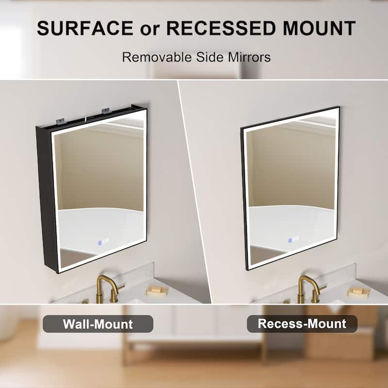 30'' H Recessed Or Surface Wall Mounted LED Mirror Cabinet With Mirror And Adjustable Shelves,Black Frame