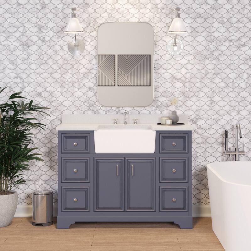 KitchenBathCollection Zelda 48" Farmhouse Bathroom Vanity with Quartz Top
