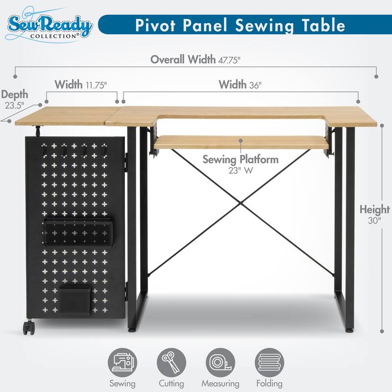 Sew Ready Pivot Sewing Table with Folding Top Adjustable Platform and Storage Peg Panel
