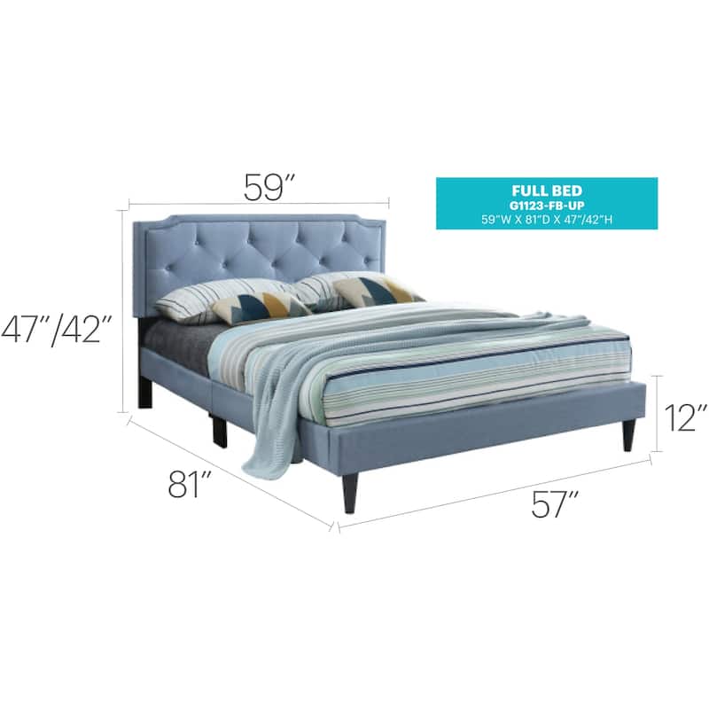 Blue Full Bed with Adjustable Tufted Headboard, Easy Setup, All-in-One Box