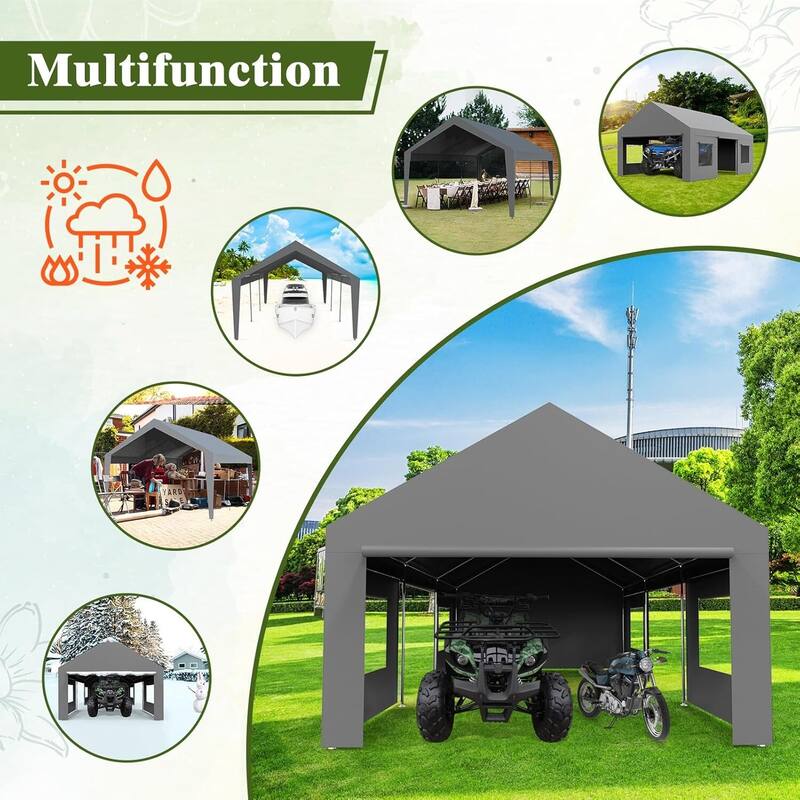 Carport, 13x 20FT Portable Garage with 4 Roll-up Doors & 4 Windows