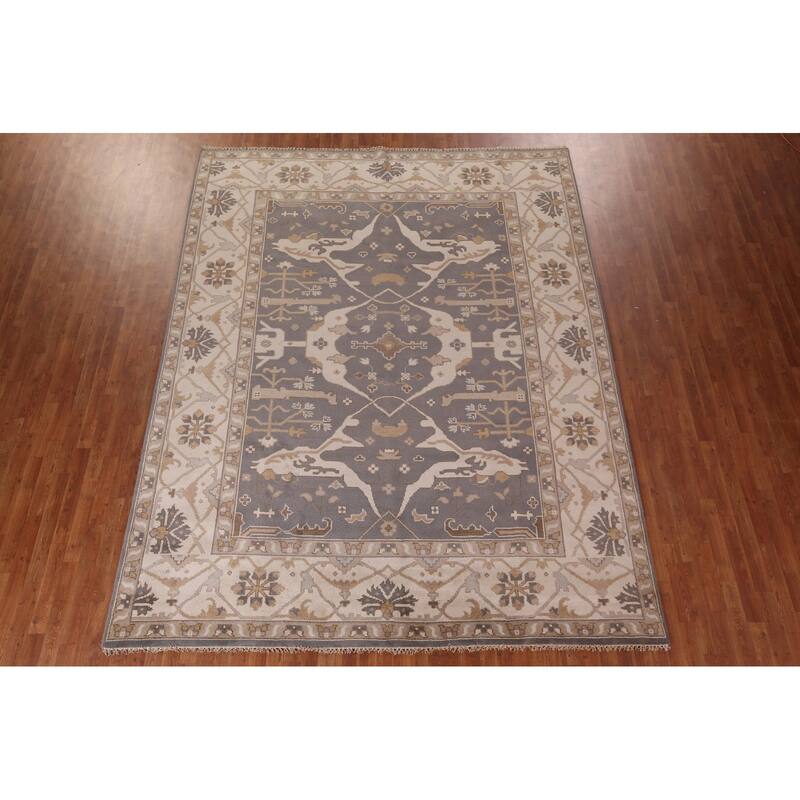 Gray Oushak Indian Rug Hand-Knotted Transitional Floral Wool Carpet - 9'1"x 11'7"