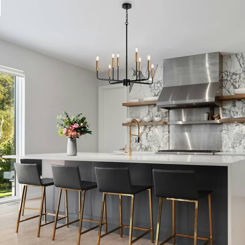 Modern 8-Light Black Gold Chandelier Classic Candle Lights for Dining Room - D 30.7" x H 90" Max