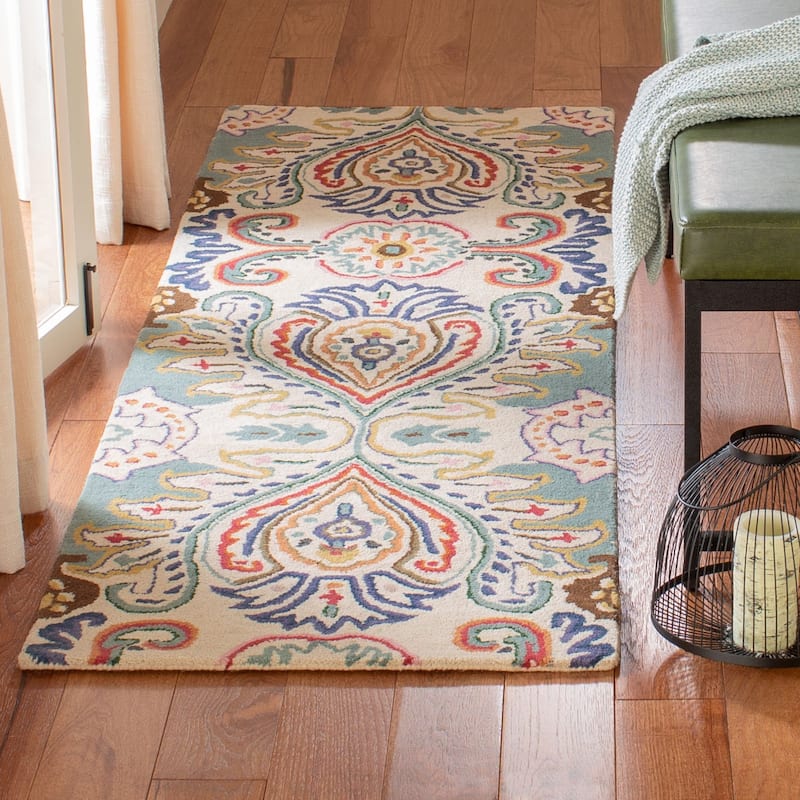 SAFAVIEH Handmade Bella Manjulata Floral Wool Rug - 2'3" x 8' Runner - Ivory/Teal