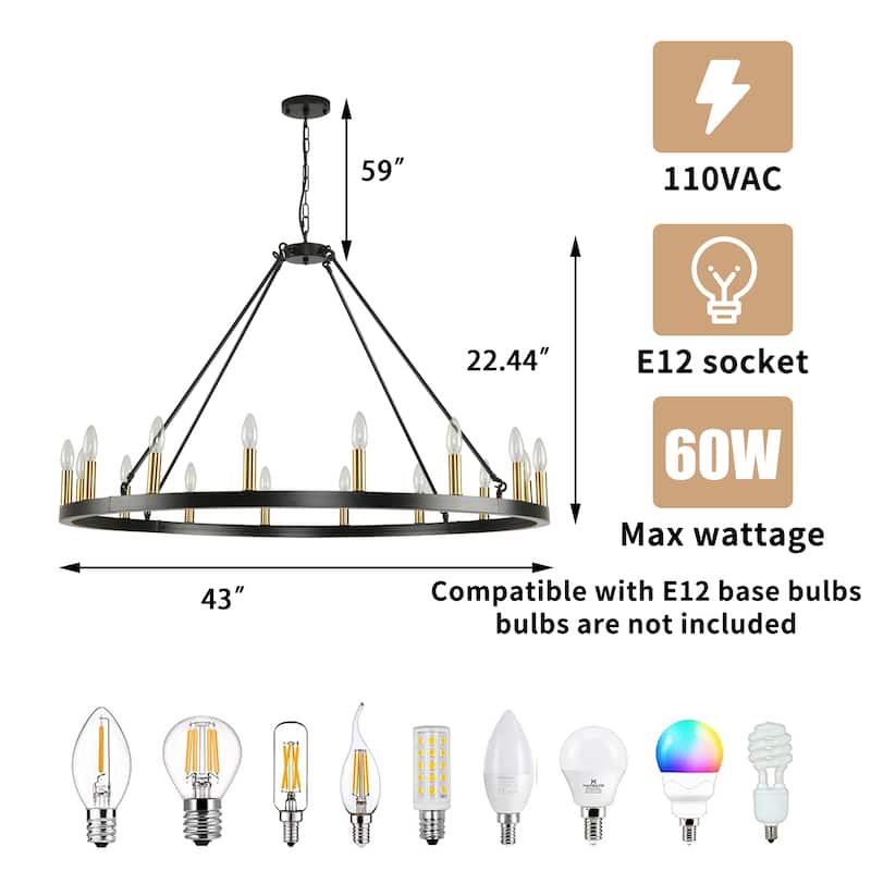 43-inch Farmhouse Black Wagon Wheel 16-Light Chandelier - N/A