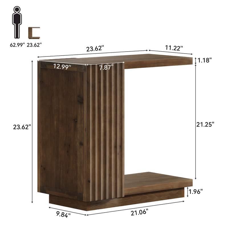 Solid Wood Side Table with Storage Shelf for Small Spaces, C Shaped Sofa End Table