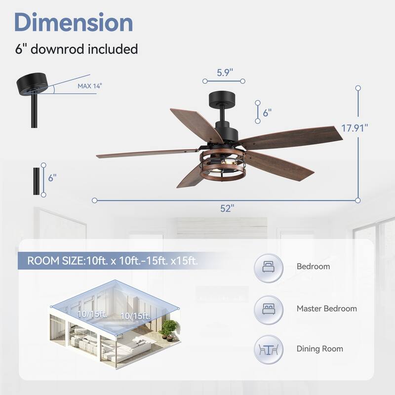 52" Farmhouse 5-Blade Black Caged Ceiling Fan with Light and Remote