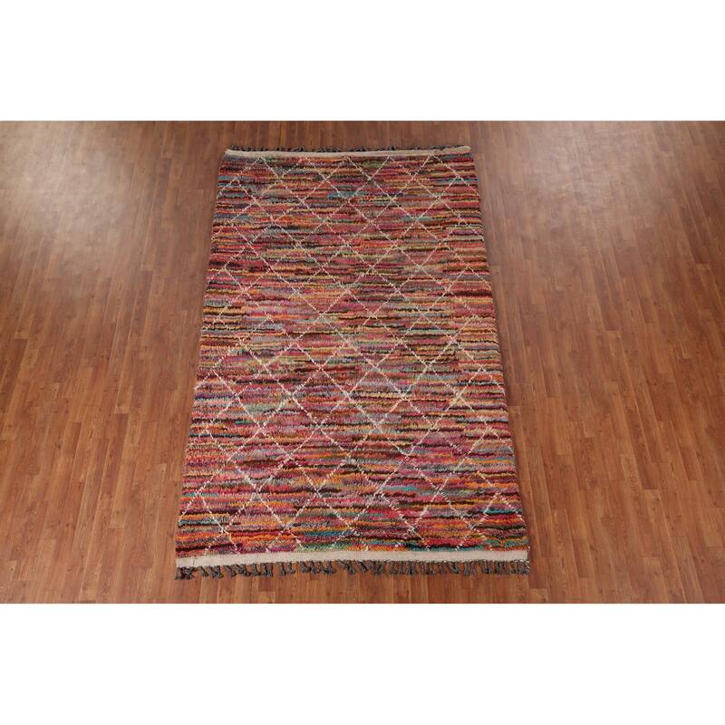Stripe / Trellis Moroccan Area Rug Handmade Wool Carpet - 5'10" x 9'4"