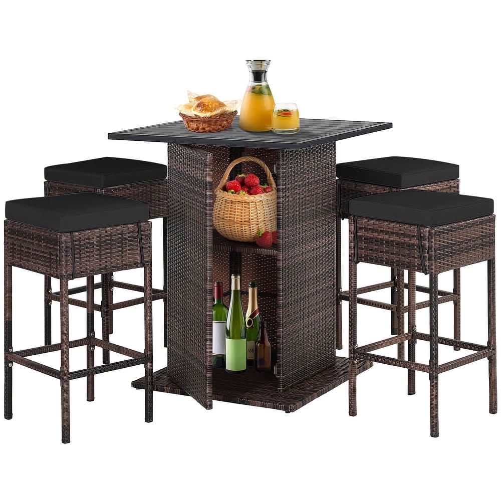 Costway 5PCS Patio Rattan Bar Table Stool Set Hidden Storage Shelf