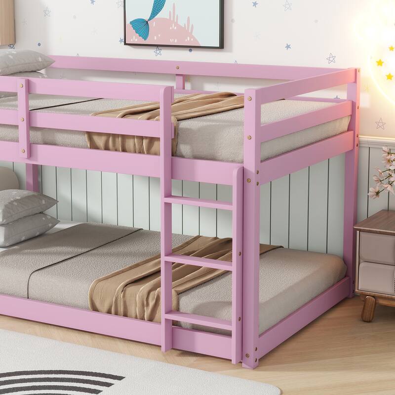 Pink Twin over Twin Solid Rubber Wood Bunk Bed with Ladder and Strengthened Slats
